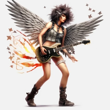 a beautiful fairy dressed as a punk, rock n roll punk rock star, electric guitar, big wings, clipart, full body image, hyper realistic,