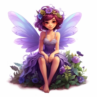 a beautiful smiling fairy girl sitting in flowers, big wings, purple dress, pixar style, full body image, clipart, white background
