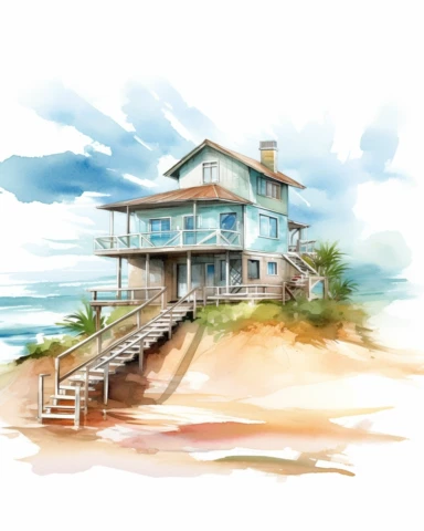 Watercolor clipart beach house, ocean view, wide angle, long shot, realistic, isolated on white background