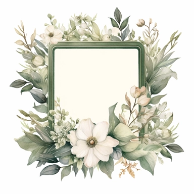 watercolor clipart of a empty suttle dainty floral rectangle frame surrounded by sage green color flowers and ivory color flowers. Capture the essence of blooming beauty and intricate details in your artwork, white background