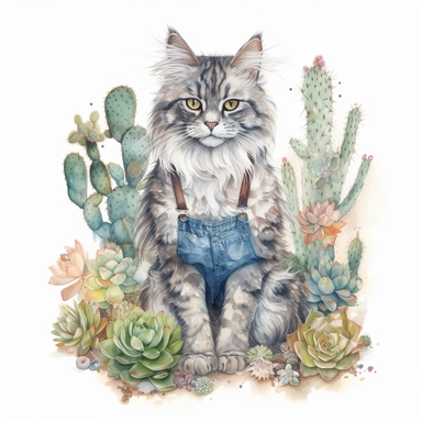 Watercolor Painting of Norwegian Forest cat wearing overalls, , sitting surrounded by cacti and succulents, on white background good anatomy, DETAILED ILLUSTRATION, Flemish Baroque, Rococo, white background, Intricate Detailed, Soft Light Effect, Oil Paint Strokes, Light Academia Aesthetic Flowers, Lighting cinematic, all shown shimmering stamens, tyndall light, texture, colorful, 8k, fantasy, ray tracing, vivid, spectacular lighting, octane rendering, highly detailed, ultra - realistic, white b