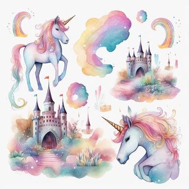 Super adorable cute magic rainbow unicorns, watercolor cliparts, light hue rainbow clouds, majestic castles, isolated with white back ground, single files, 8k, hd