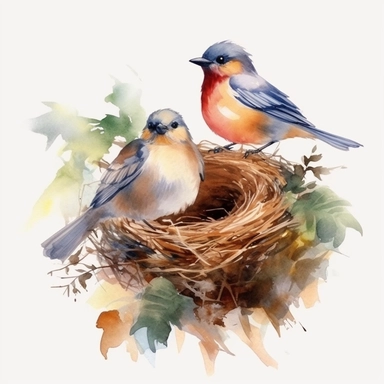 birds in nest, watercolor clipart, trasparent background