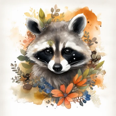A whimsical raccoon watercolor Clipart, showcasing a mischievous raccoon perched on a branch, its fur painted in vibrant hues of orange, gray, and black, capturing the raccoon's playful expression and inquisitive eyes, surrounded by delicate watercolor leaves and flowers, Artwork, watercolor painting on textured paper,