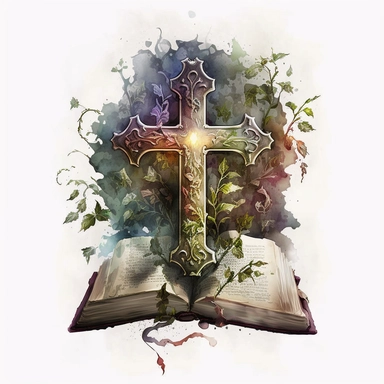fantasy bible, clipart, watercolour, holy cross behind bible