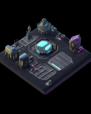 isometric perspective, game sprite, futuristic landing pad, gaming asset, sci-fi, fun, creative, cartoon, clipart, hyper-detailed, black background,
