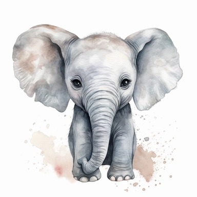 A delightful and charming watercolor clipart of an adorable baby elephant, designed for commercial use. This heartwarming composition captures the innocent charm of the African Safari Zoo animal, set against a crisp white background that accentuates its delicate watercolor textures and playful features. The baby elephant, with its gentle eyes and playful trunk, is skillfully painted in a soothing palette of grays and pastels, encapsulating the essence of nursery-themed art. The clipart emphasize