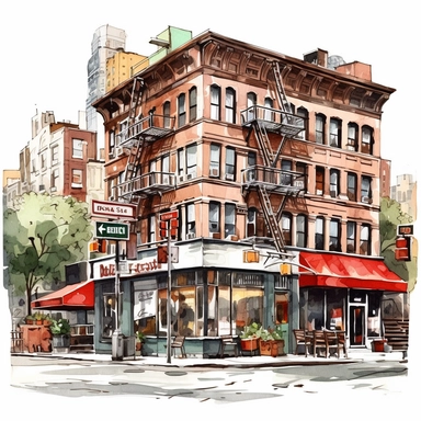 clipart de cafeteria de nueva york, acuarela, 16k, hiper minimalista, megapixel, full color, super detailed,insanely detailed and intricate, ultra detallado