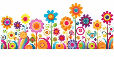 Groovy hippie 60s garden, Funny cartoon flower power clipart white background