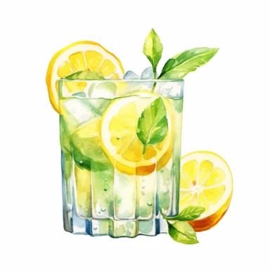 watercolour, lemon cocktail, soft and muted pastel nuances, clip art, high quality details, white background, 8k, f1
