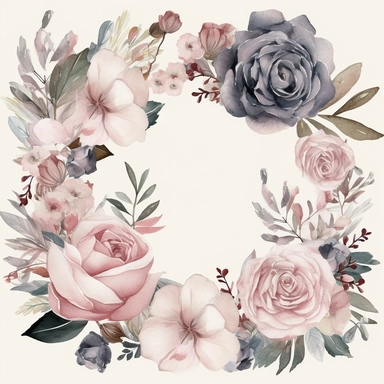 watercolor Dusty pink Florals clipart, roses, blossoms, botanicals, white, white background, a frame with empty centre, circular frame, etsy style, minimalistic
