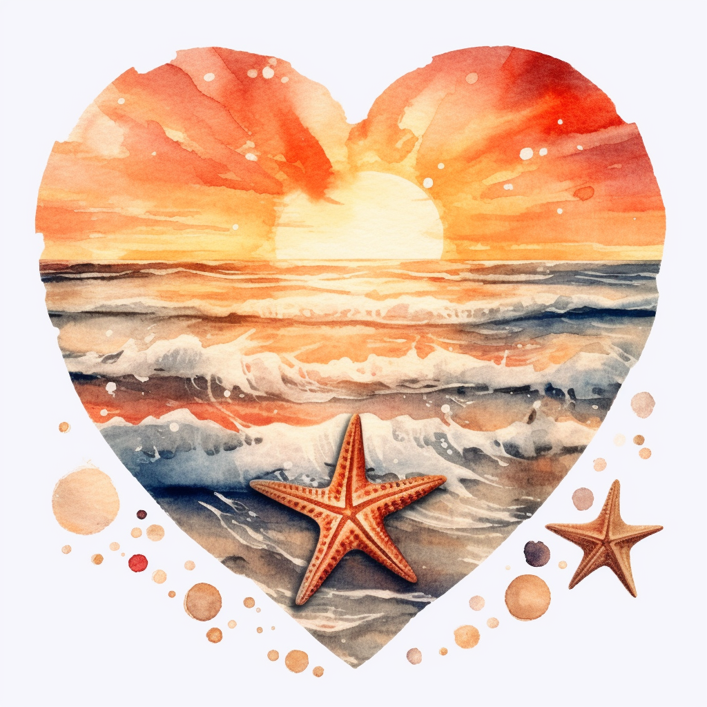 Retro Heart Beach Sunset Watercolor Clipart, Watercolor Beach Sunset In 