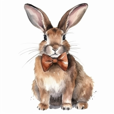 Delightful brown bunny with a bowtie, watercolor, clipart, on isolated on white background.