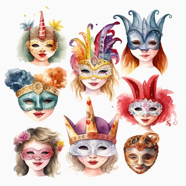 some Carnival kids masks in watercolor style, clipart, white background