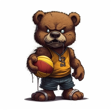 ClipArt, a basketball teddy bear with a sinister-looking face, holding a basketball razer blade, wearing a dark colored ripped-basketball jersey, realism, Simpsons art style, with a white background ar-- 2:3