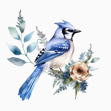 Minimalistic foliage clipart, blue jay,single design, watercolor, vector