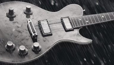 ultra sharp clip art illustration of an classic guitar, extreme closeup, rainy waters, black scaled and realistic drawing with ink and charcoal, HD, UHD resolution, 8k