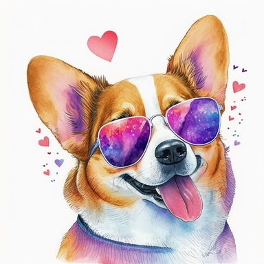A cartoonish watercolor clipart portrait of a corgi wearing heart-shaped sunglasses, with a white background. The corgi has a playful and romantic expression, with its tongue out or a kissy face. The clipart has a cute and charming style, with a lot of glitter and sparkles on the glasses