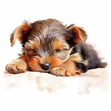 high detailed watercolor side view clipart of asleeping yorkshire terrier puppy, on a white background
