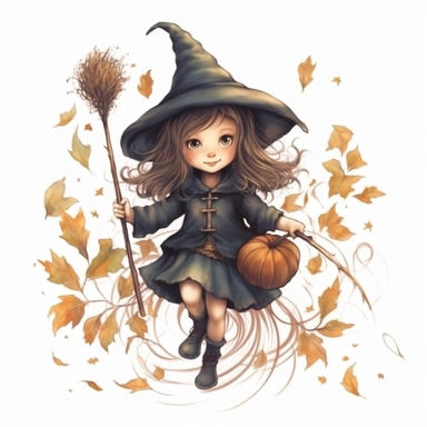 tiny cute baby girl dressed in witch costume with long hair, flying on a broom, spiders around it, surrounded by mystical plants, unreal engine, amanda clark illustration, white background, illustration, by amanda clark, clip art