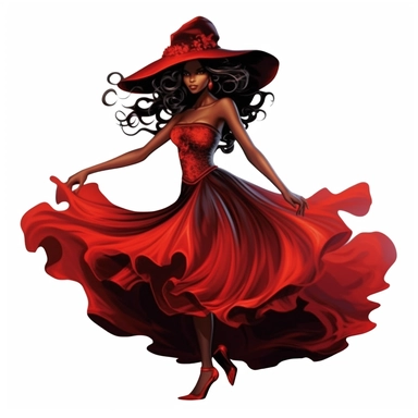 A very attractive black beauty witch in a red dress emphasizing her beautiful figure as a clipart on a white background