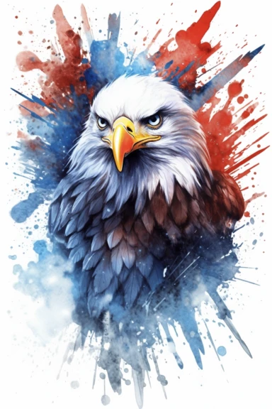 Watercolor American eagle, American Flag, Stars and Stripes, double exposure, integrated, red white and blue, unreal engine, splashed, clipart, white background
