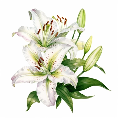 beautiful graceful casablanca lilies, detailed realistic watercolor illustration, white background clipart