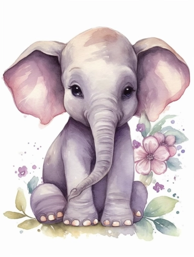 Watercolor clipart, baby elephant, cute and adorable, friendly face, storybook illustration, flat design, clearly defined, high quality clipart, HD