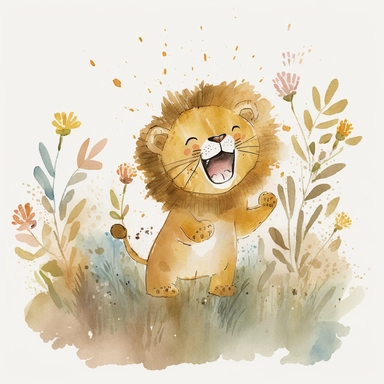 White background The watercolor clipart illustration shows a baby lion playing in a natural setting. The background is a white space to keep the focus on the cute baby lion. The colors are warm and inviting, with shades of yellow, brown, and white. The baby lion is depicted in a playful and happy way, with its mouth open in a smile and its paws stretched out. This would be a perfect watercolor clipart for kids to enjoy and learn about lions.