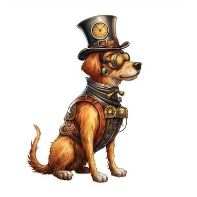 professional gouache hand-painted full body illustration of a steampunk dog, Victorian clipart, isolated against white background, accurate, natural form, simple playful style, deep colour, softly lit by golden hour sunlight