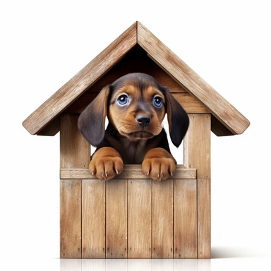 Picture a curious clipart puppy with wide eyes and a raised paw, peering over the edge of a doghouse, filled with anticipation and wonder against a clean white background.
