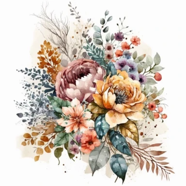 watercolor bouquet of flowers, floral, rustic yet colorful clipart, white background