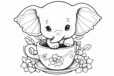 Random cute elephant inside a cup in an action dynamic pose, cute Kawaii single anything clipart. 2d outline simple vector monochrome coloring page depicting