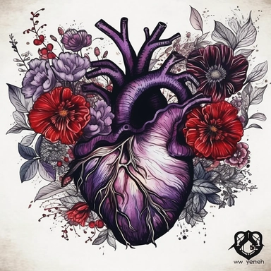 Gothic Floral anatomical Black Heart Clipart, Anatomical Valentine digital-illustration against Solid White Background. Red veins and Purple flowers. Bold, vibrant, Triadic colors. Digital illustration look and feel The image should have a high-detail appearance with texture. The composition should be well-balanced, that evokes the charm of digital-illustration. Blend realism with a touch of stylization, giving digital illustration a sense of depth and personality with meticulous attention to de
