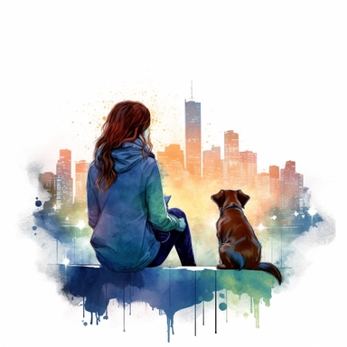watercolor style, graphic design of a girl and dog with the city light in the back clipart, surrounded, isolated on white background, hd, 4k, detailed