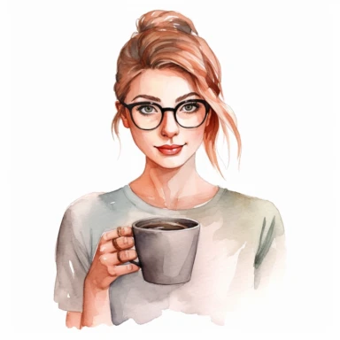 a beautiful woman with glasses and a nerdy look holding a cup of coffee, watercolor pastel clipart style on a white background, 8k detailed