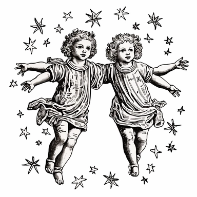 woodcut line drawing of the gemini zodiac twin cherubs full bodies, floating in the stars, nautical, vector, clipart, in Albrecht Dürer's style of drawing, black on white background