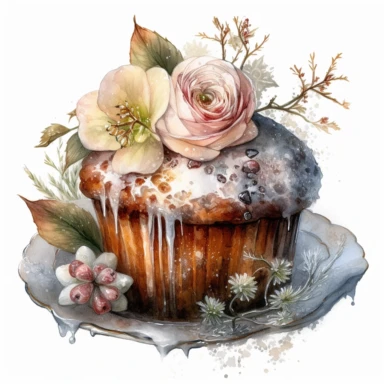 isolated on white illustration watercolor art of a beautiful Muffin on a porcelain plate, overgrown with white and light pink roses and flowers, covered with snow and ice, a lot of moss and branches, lace and embroidery, masterpiece by Tomasz Alen Kopera style and by Carl Holsoe style and by James C. Christensen style and by Alexander Jansson style, Baroque Architecture, PNG clipart, isolated on white, white background, extreme photorealistic details, 32k HD resolution, realistic high detailizat