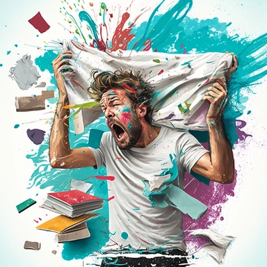 Create a scene with a frustrated artist in front of a messy canvas, throwing a paint-covered towel into the air as various art tools and objects surround them, symbolizing the act of giving up, hand draw, clipart, realistic