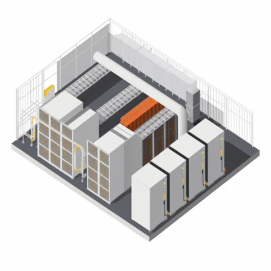 A clean and professional clipart image of a large-scale battery energy storage system, designed to be used in an investment opportunity teaser. The illustration features a simplified yet visually appealing representation of the battery storage facility, showcasing its modern design and advanced technology. The image is created with bold lines and flat colors, ensuring that it stands out against the white background and conveys a sense of innovation and potential. The clipart is optimized for use