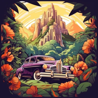 old car, close up, a sticker, artwork of t-shirt graphic of the majestic forest, in digital painting style, beautiful flowers, sunset mountains and clouds, big vines, stone temple covered in vines, plants surrounding, highly detailed clean, vector image, photorealistic masterpiece, professional photography, realistic, flat white background, isometric, vibrant vector, clipart, illustration, realism, 4k, cinematic, front view, paradise, extremely white background