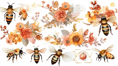 Watercolor honey bee clipart in isolated white background, beehives and flower arrangements, spring garden bee and honey drops, in the style of luxurious fabrics, golden and red hues, colorful, spring garden bee and honey drops, storybook-like, bloomcore, gold leaf accents, precis thin lines, pastoral charm, digital print, beatrix potter