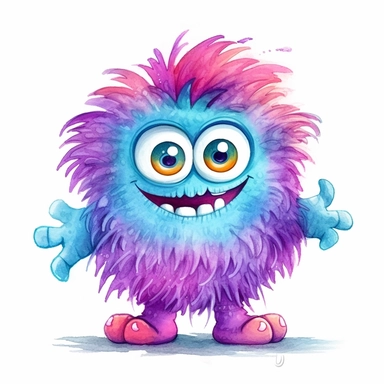 A whimsical cute fluffy monster cartoon clipart on white background with margins, watercolor, icon, sticker ar
