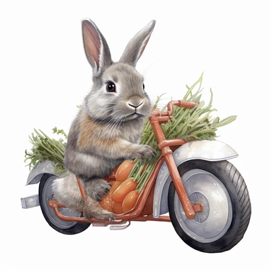 baby bunny driving motor bike, in basket there are some carrots, clipart, watercolor style, ultra hd detailed, high quality, white background, hyperrealistic, hyperrealism, hyperdetailed