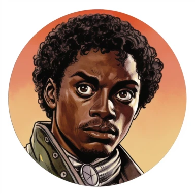 tough young African Irish Roundhead Puritan knight, Josh Kirby Mad Max Lord of the Rings, enamel punk zine indie, clipart illustration, circular solid background, circular border