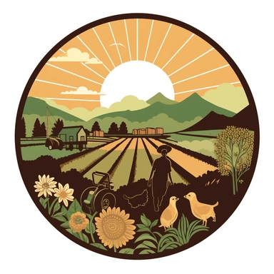 a logo of a diversified farm landscape, showing silhouettes of farmers working, a tractor, a chicken, flowers, trees, in a hilly field, in the far background the sun shines over mountains. use clipart graphic style. Do not enclose the picture in a round frame. Put everything on white background. Use an earthy color palette of mostly brown and green, but also yellow , blue, orange, peach in small amount
