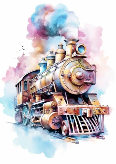 Pastel train, big beautiful locomotive, bursting with steam, Steampunk Clipart, Printable Watercolor, Retro Futuristic, Victorian Era Art Print, colorful, details, high quality 8K, white background