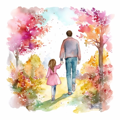 detailed father's day clipart featuring a smiling father and daughter, holding hands while walking in a garden full of vibrant flowers and blooming trees, capturing the love and warmth between them, Watercolor painting, using soft pastel colors and light brush strokes to create a dreamy effect water color father, super cute, solid white background, clipart , fatherhood