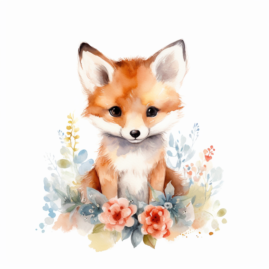 watercolor spring baby fox woodland creature on white backgroung ...