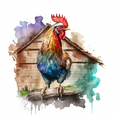 watercolor chicken clipart, digital art, chicken clip art, chicken and rooster, chicken wooden house, high quality, bright colors, chicken head, chicken half body, watercolour chicken art, chicken wooden house